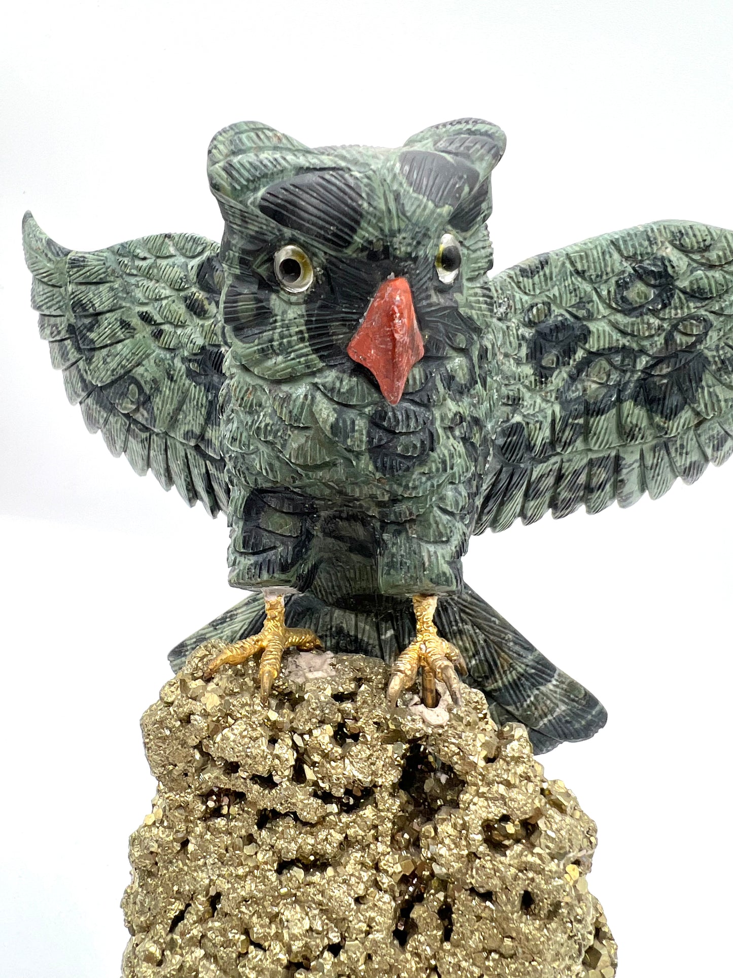 Hand-Carved Green Owl with Open Wings on Pyrite Base – Protection, Expansion & Abundance Crystal Sculpture