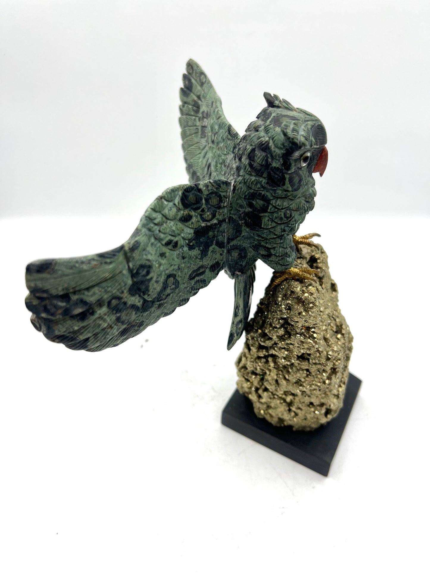 Hand-Carved Green Owl with Open Wings on Pyrite Base – Protection, Expansion & Abundance Crystal Sculpture