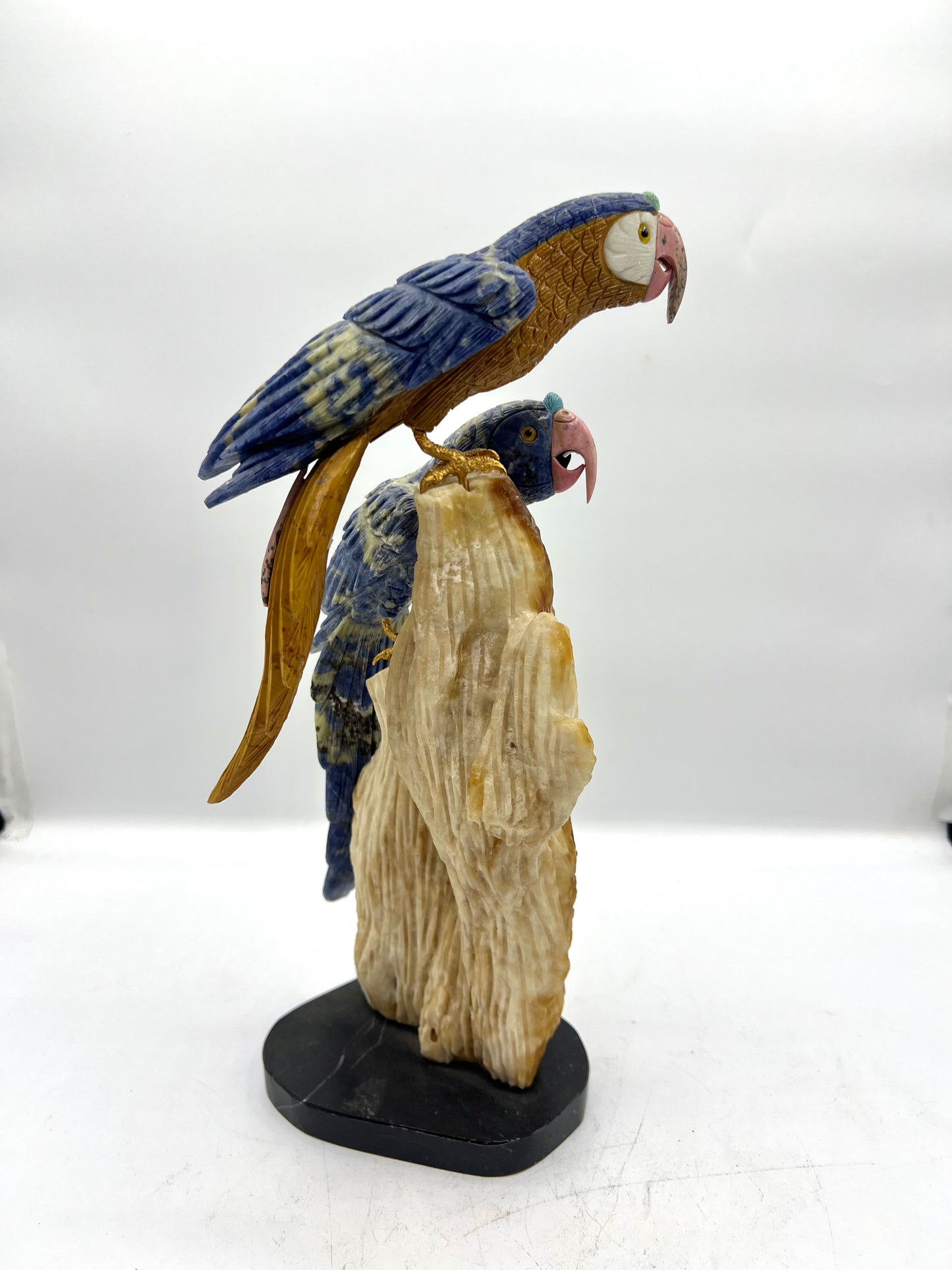 Hand-Carved Double Parrot on Natural Calcite Formation – Communication, Connection & Positive Energy Sculpture