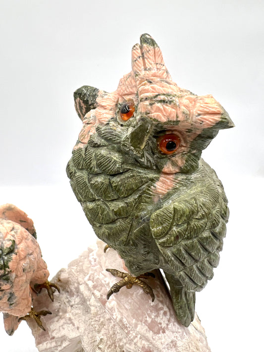 Hand-Carved Double Owl Sculpture on Natural Stone – Wisdom, Protection & Intuitive Connection Crystal Décor
