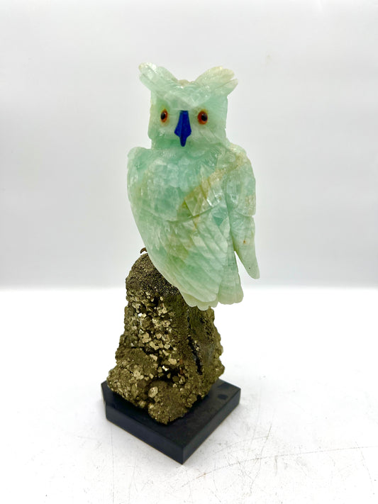 Hand-Carved Green Fluorite Owl on Pyrite Base – Wisdom, Protection & Abundance Crystal Sculpture
