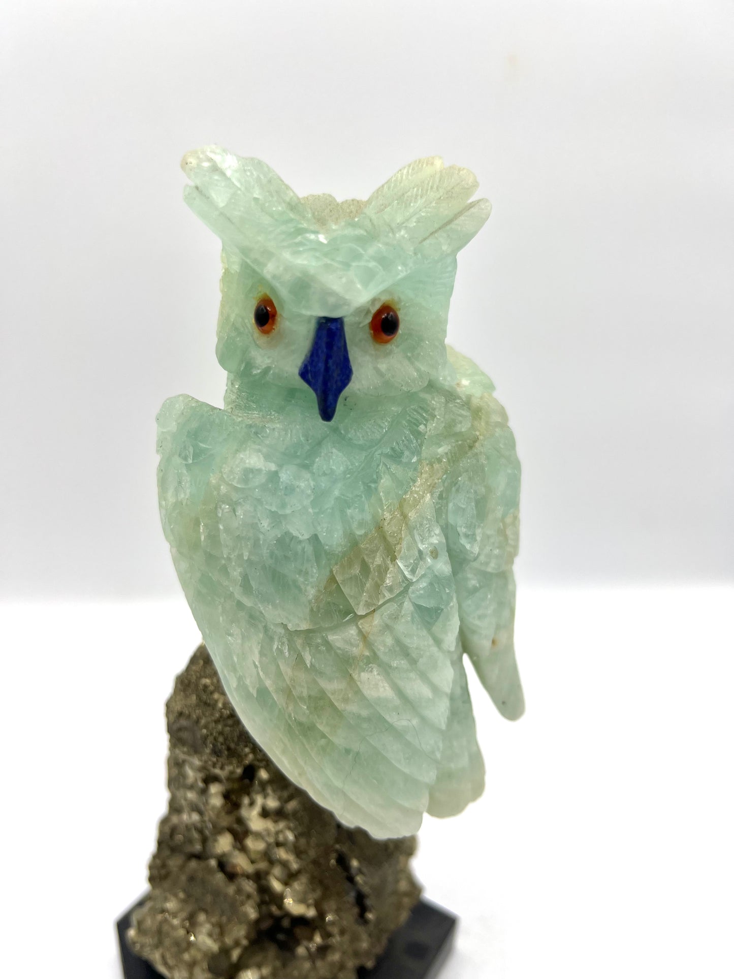Hand-Carved Green Fluorite Owl on Pyrite Base – Wisdom, Protection & Abundance Crystal Sculpture