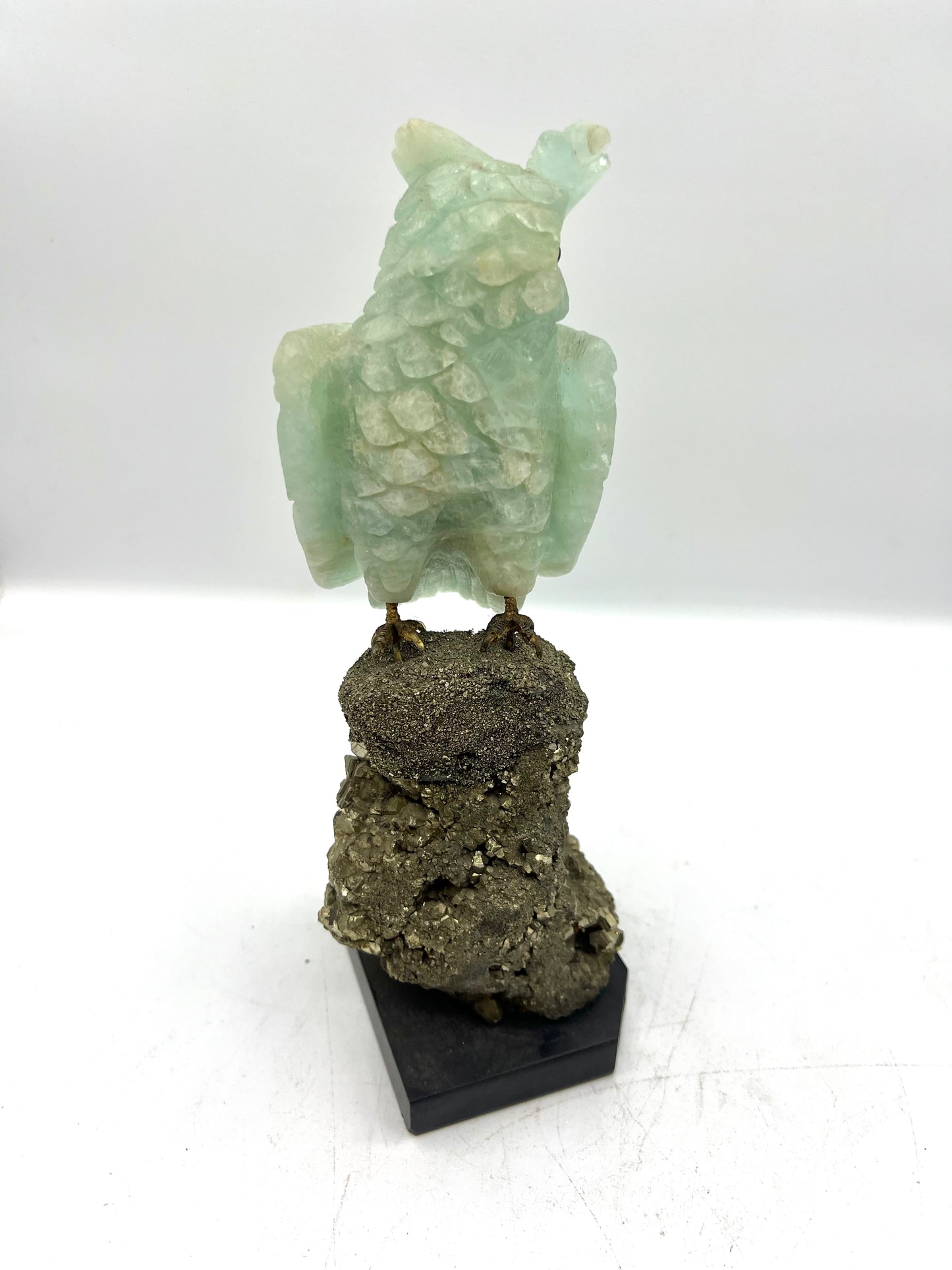 Hand-Carved Green Fluorite Owl on Pyrite Base – Wisdom, Protection & Abundance Crystal Sculpture