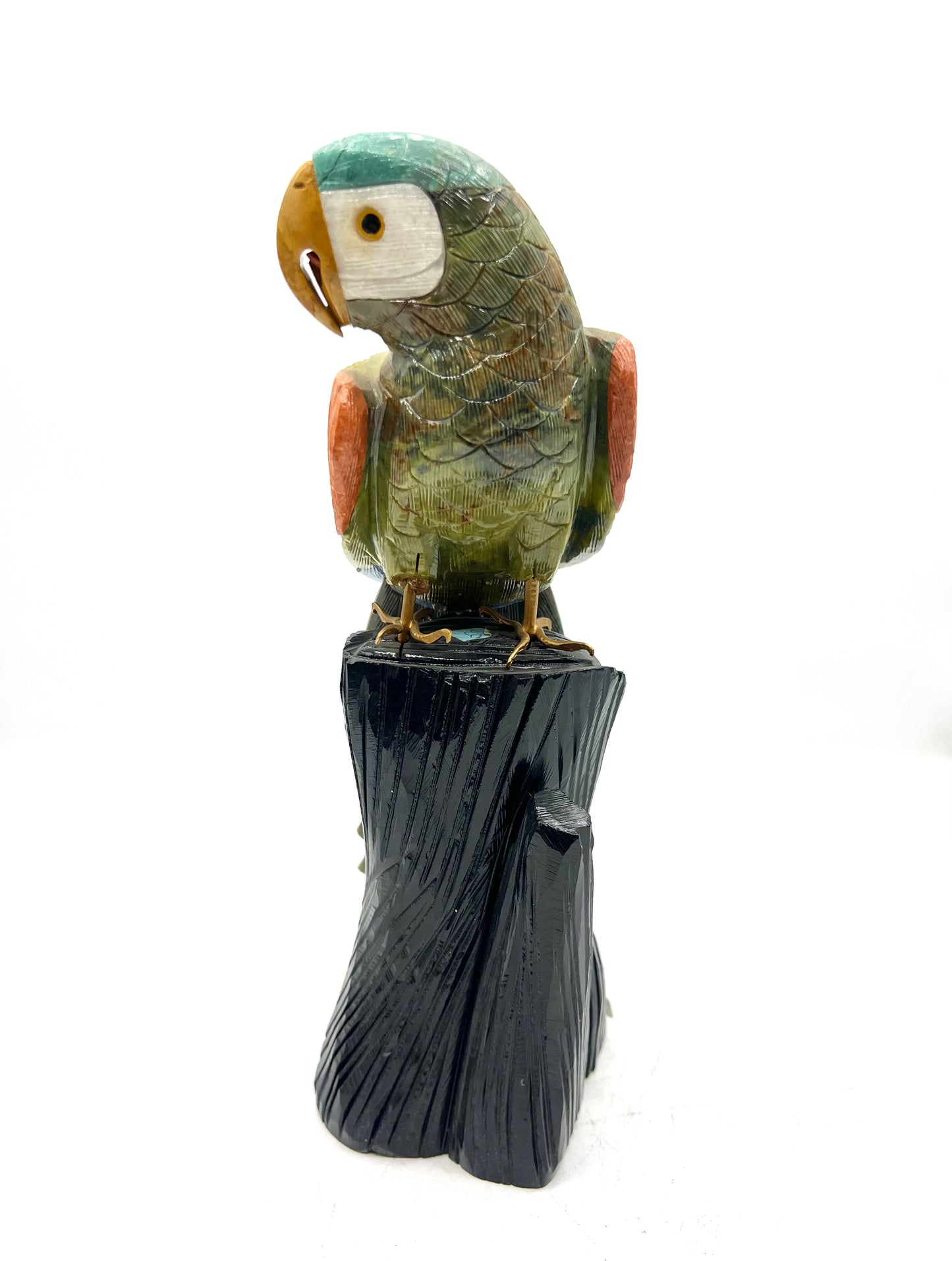 Hand-Carved Multi-Stone Parrot on Black Tourmaline Base – Protection, Joy & Communication Energy Sculpture