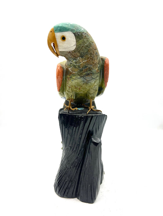 Hand-Carved Multi-Stone Parrot on Black Tourmaline Base – Protection, Joy & Communication Energy Sculpture