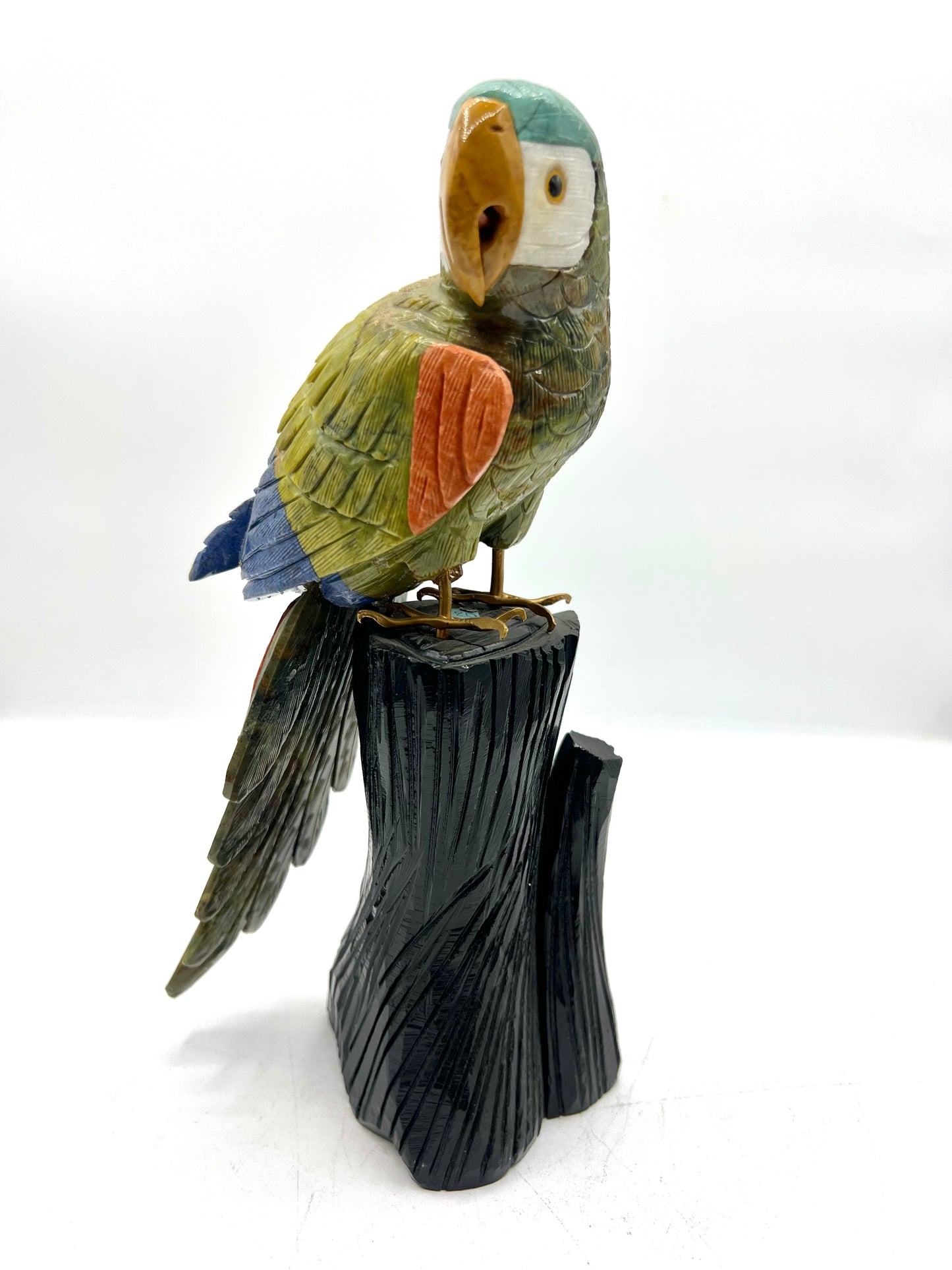 Hand-Carved Multi-Stone Parrot on Black Tourmaline Base – Protection, Joy & Communication Energy Sculpture