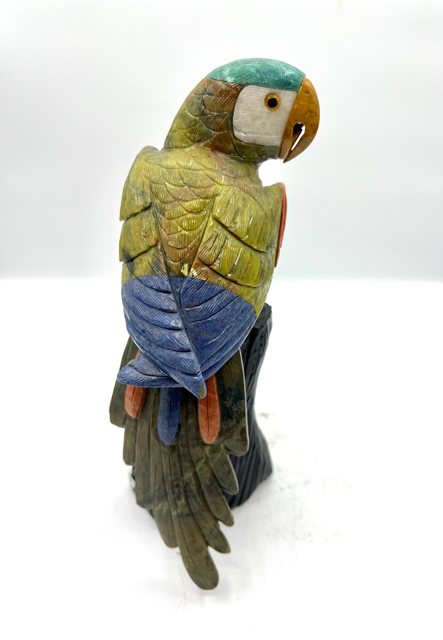 Hand-Carved Multi-Stone Parrot on Black Tourmaline Base – Protection, Joy & Communication Energy Sculpture