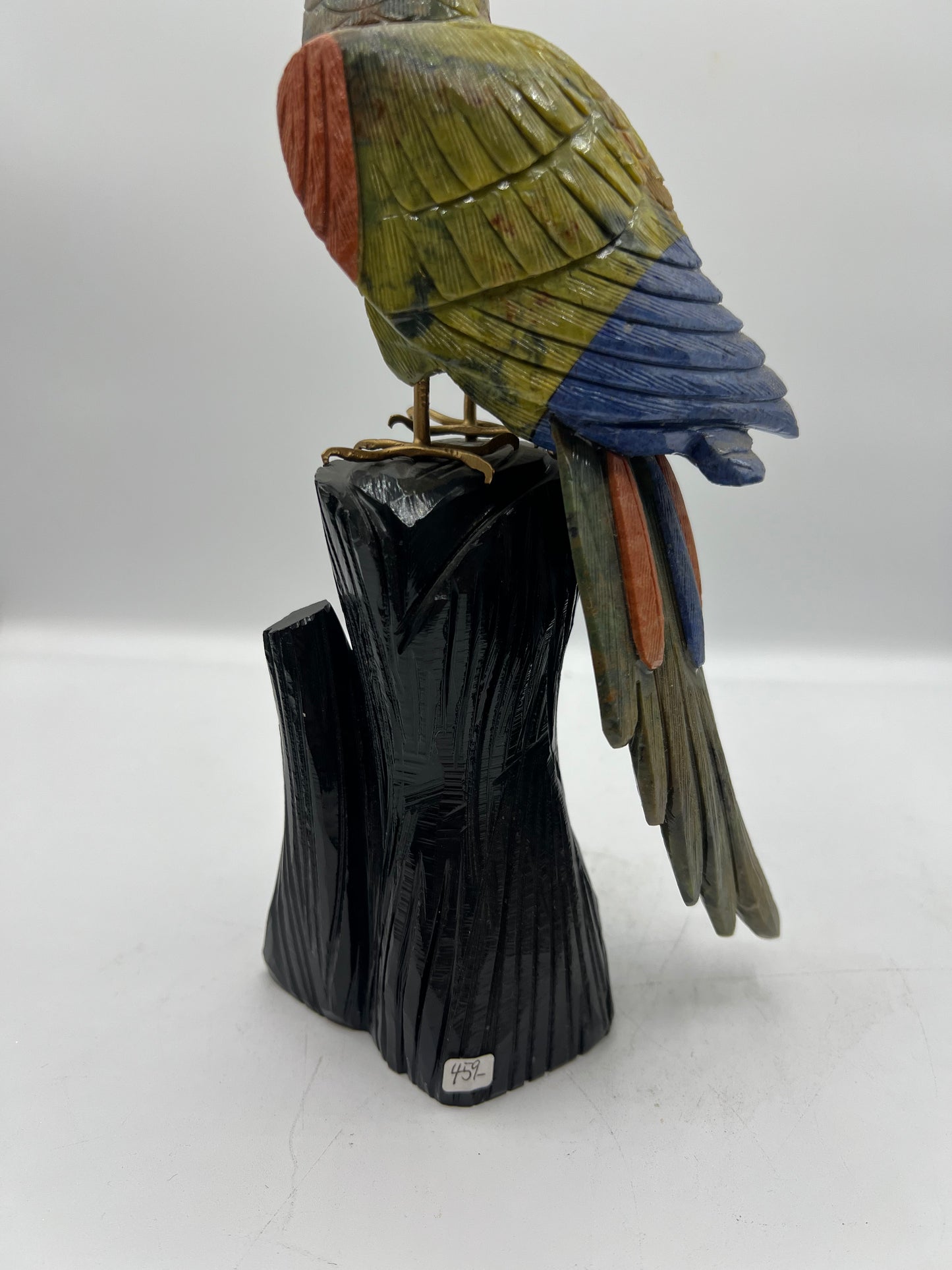 Hand-Carved Multi-Stone Parrot on Black Tourmaline Base – Protection, Joy & Communication Energy Sculpture