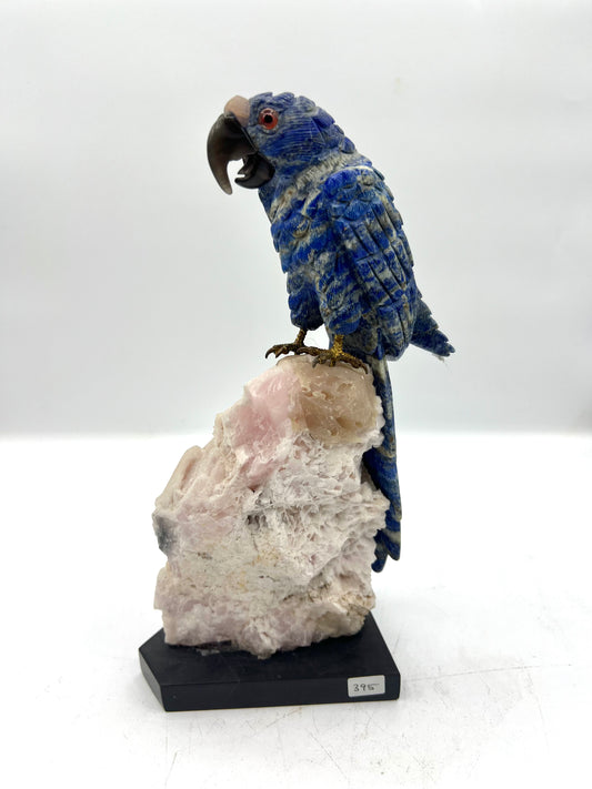 Hand-Carved Lapis Lazuli Parrot on Pink Calcite Stone – Intuition, Love & Emotional Healing Crystal Sculpture