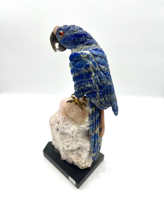 Hand-Carved Lapis Lazuli Parrot on Pink Calcite Stone – Intuition, Love & Emotional Healing Crystal Sculpture