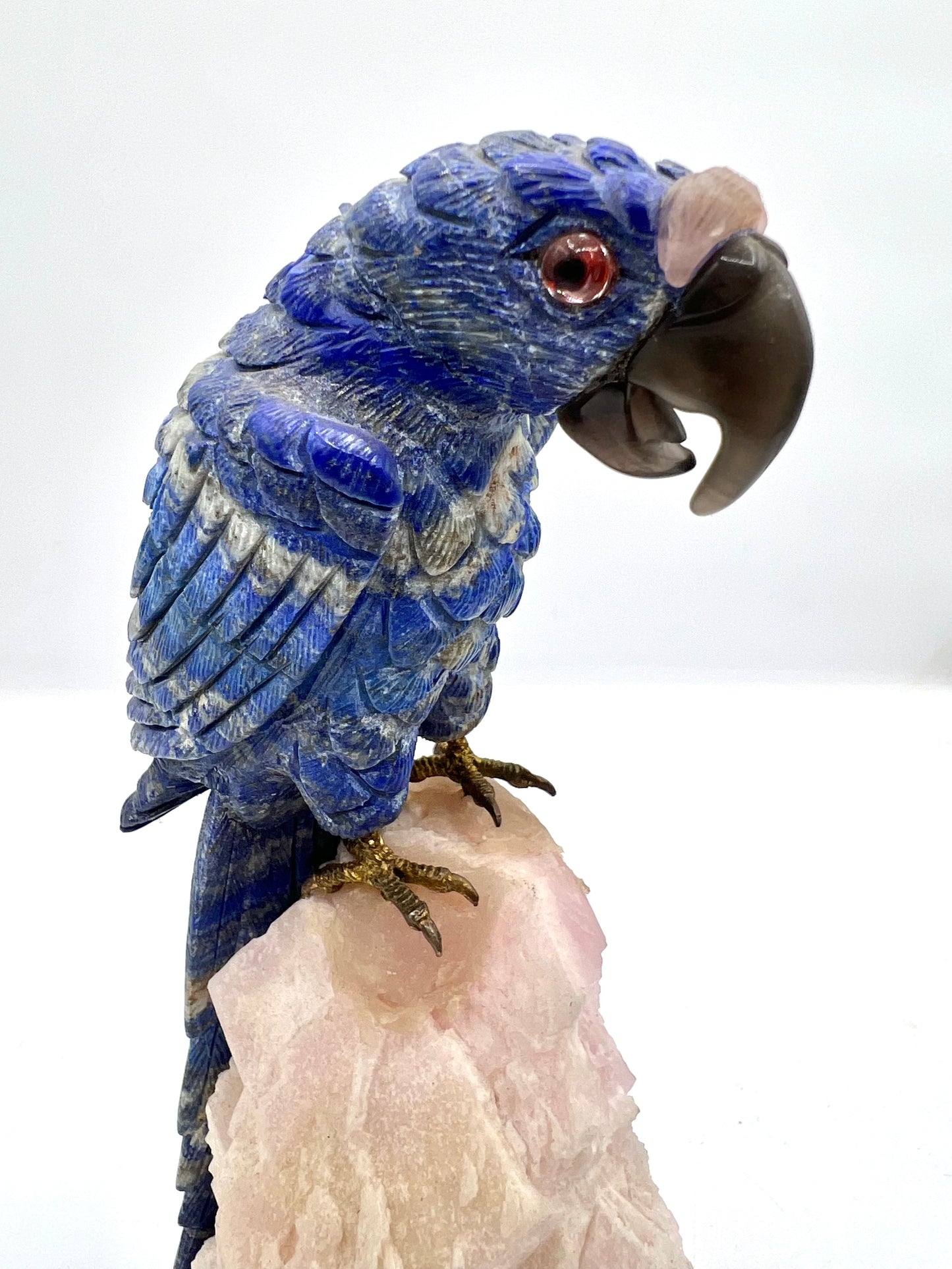 Hand-Carved Lapis Lazuli Parrot on Pink Calcite Stone – Intuition, Love & Emotional Healing Crystal Sculpture