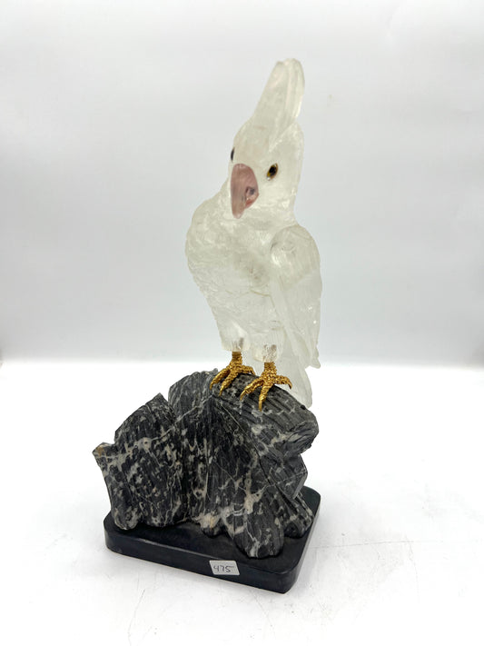 Hand-Carved Clear Quartz Cockatoo on Black Marble Base – Purification, Clarity & Elevated Energy Decor