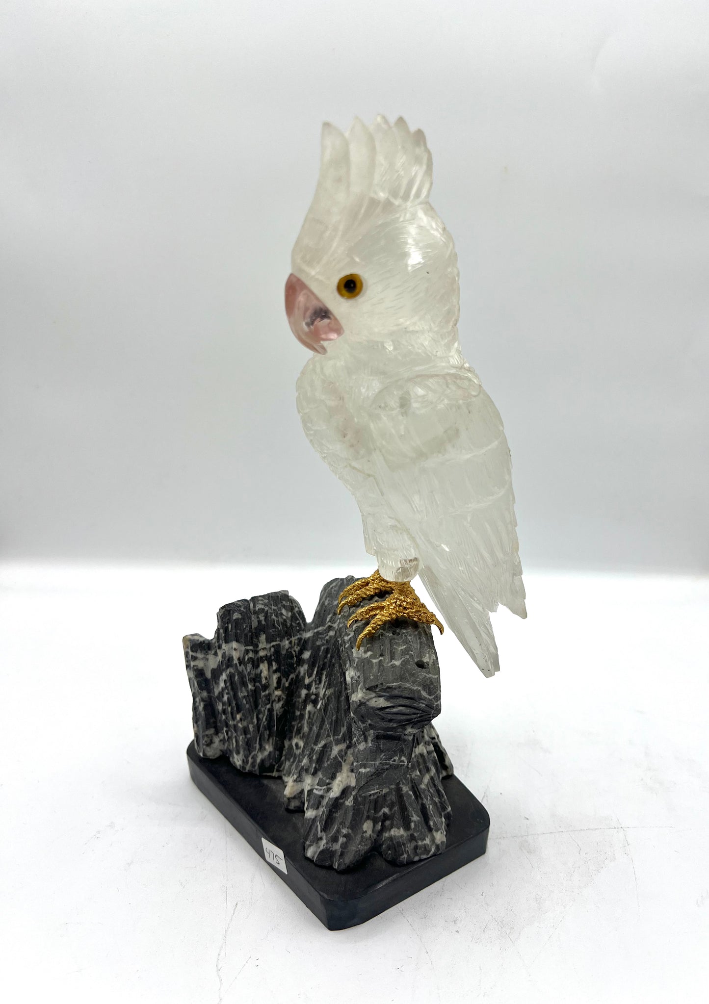 Hand-Carved Clear Quartz Cockatoo on Black Marble Base – Purification, Clarity & Elevated Energy Decor