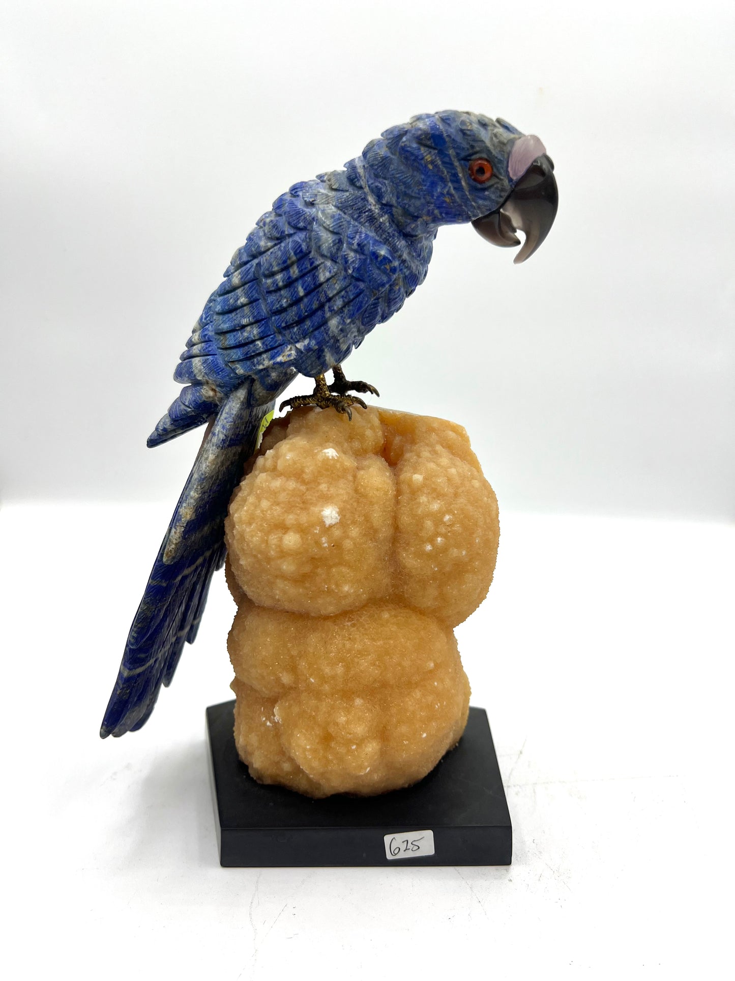 Hand-Carved Lapis Lazuli Parrot on Orange Calcite Crystal Base – Intuition, Clarity & Positive Energy Decor