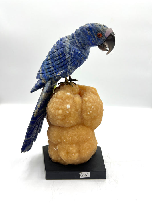 Hand-Carved Lapis Lazuli Parrot on Orange Calcite Crystal Base – Intuition, Clarity & Positive Energy Decor