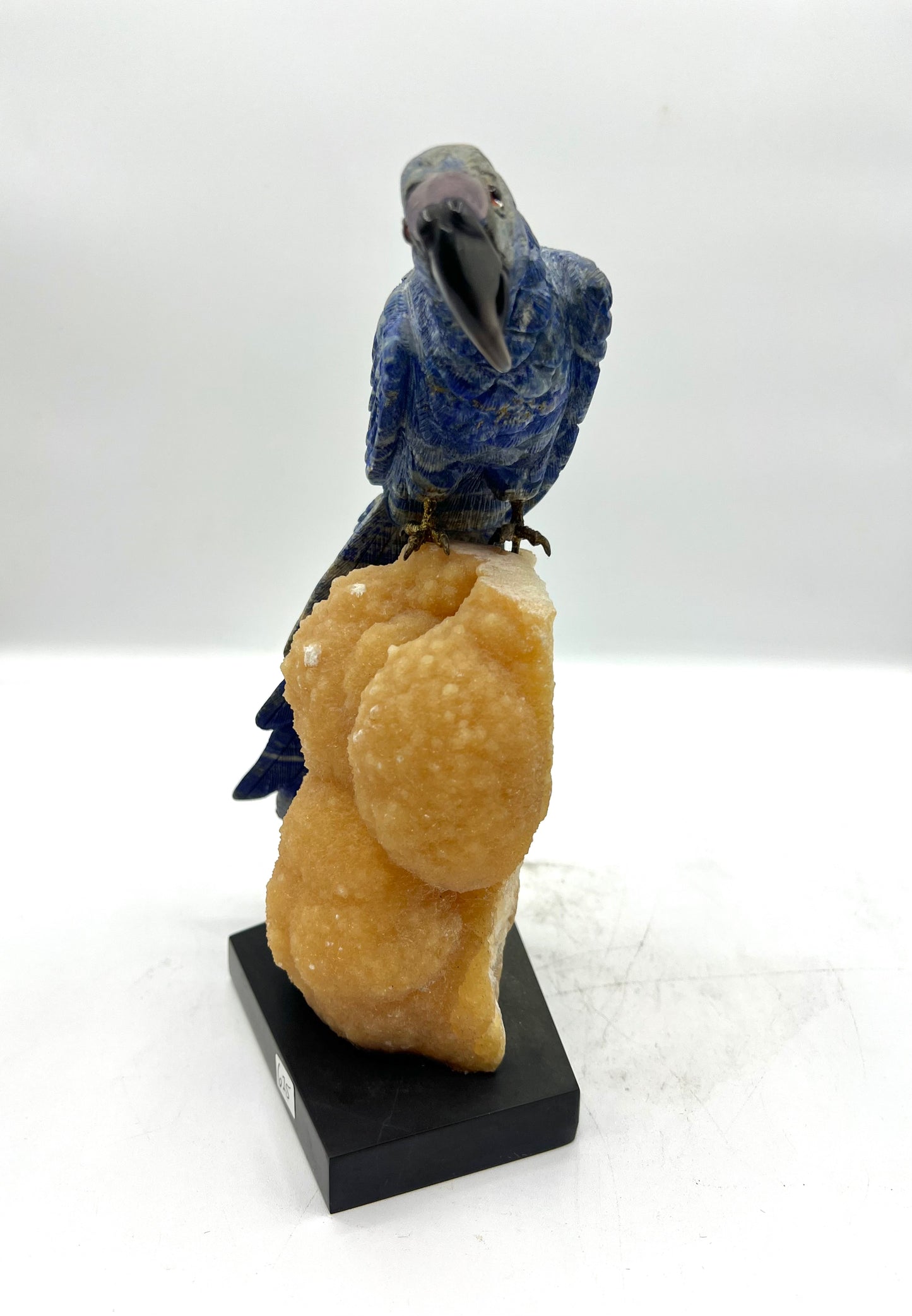 Hand-Carved Lapis Lazuli Parrot on Orange Calcite Crystal Base – Intuition, Clarity & Positive Energy Decor