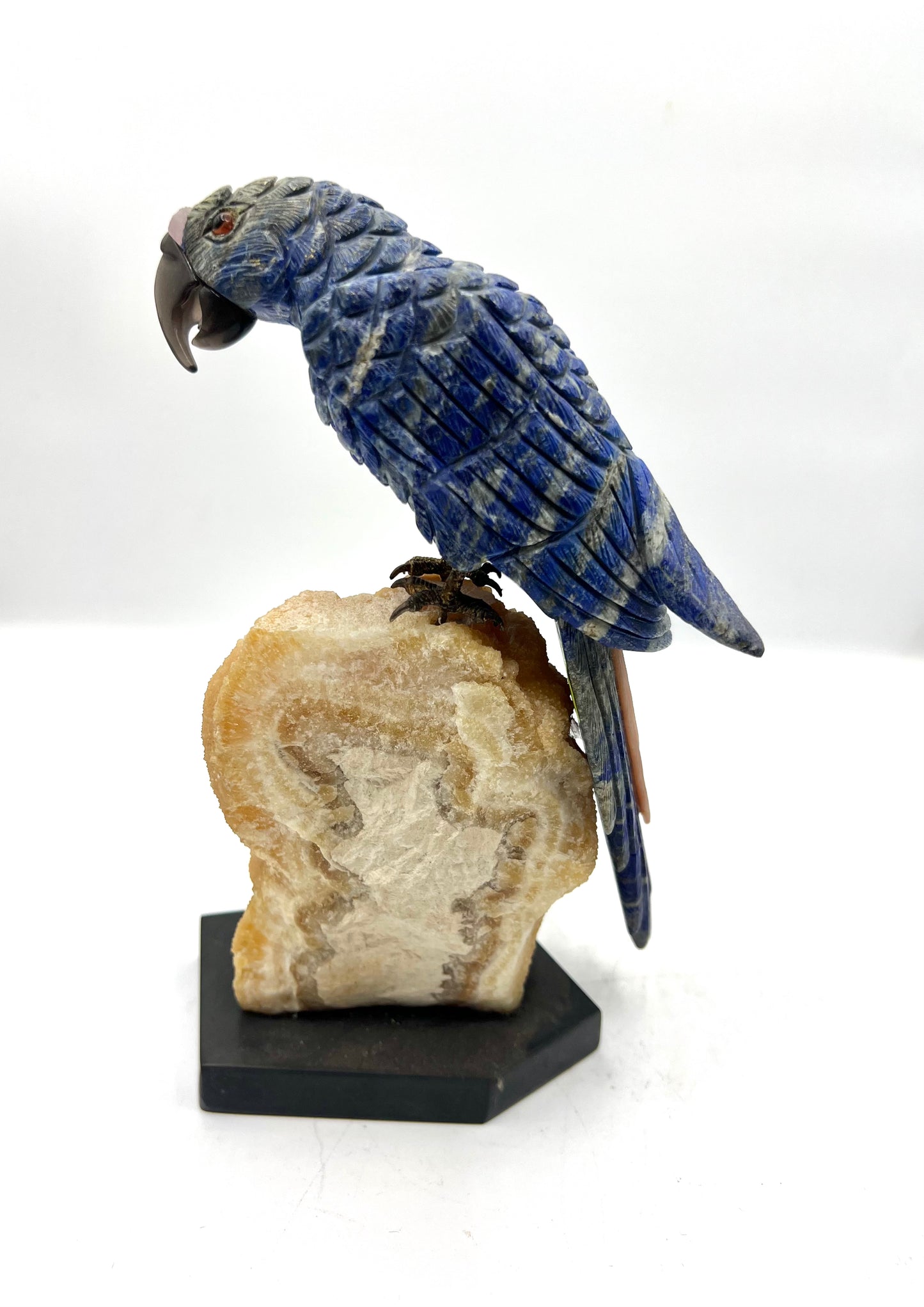 Hand-Carved Lapis Lazuli Parrot on Orange Calcite Crystal Base – Intuition, Clarity & Positive Energy Decor