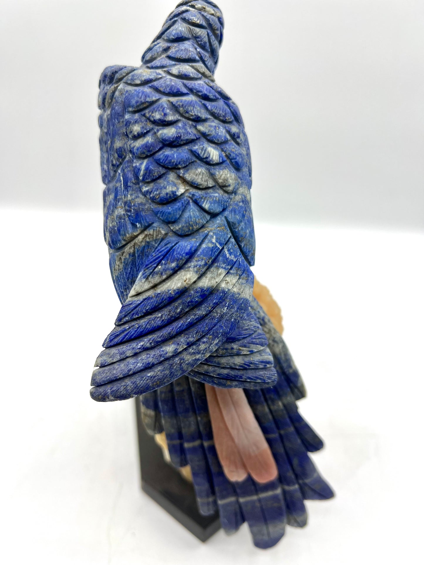 Hand-Carved Lapis Lazuli Parrot on Orange Calcite Crystal Base – Intuition, Clarity & Positive Energy Decor
