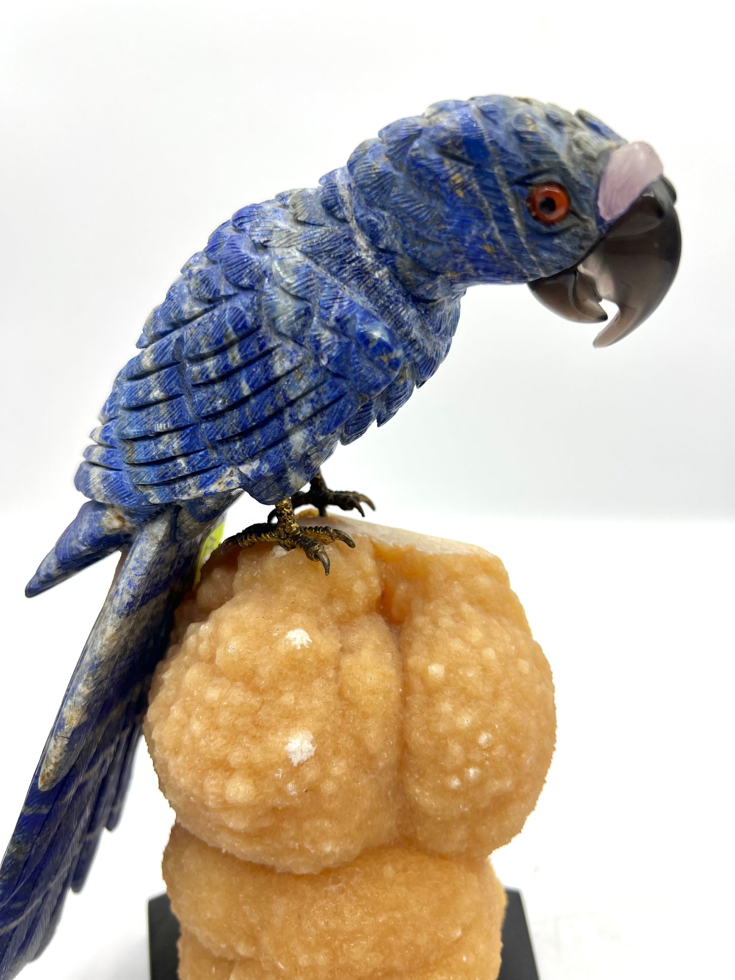 Hand-Carved Lapis Lazuli Parrot on Orange Calcite Crystal Base – Intuition, Clarity & Positive Energy Decor