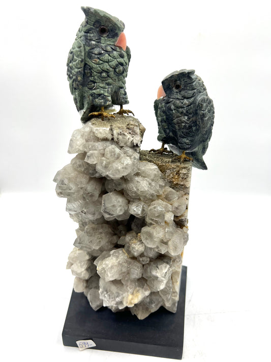 OWL Birds Serpentine Clear Quarts and Pyrite Crystals Hand Crafted Figurine Table top Gift Healing Cruystals