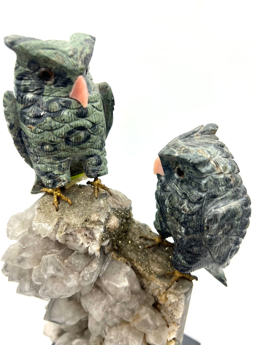 OWL Birds Serpentine Clear Quarts and Pyrite Crystals Hand Crafted Figurine Table top Gift Healing Cruystals