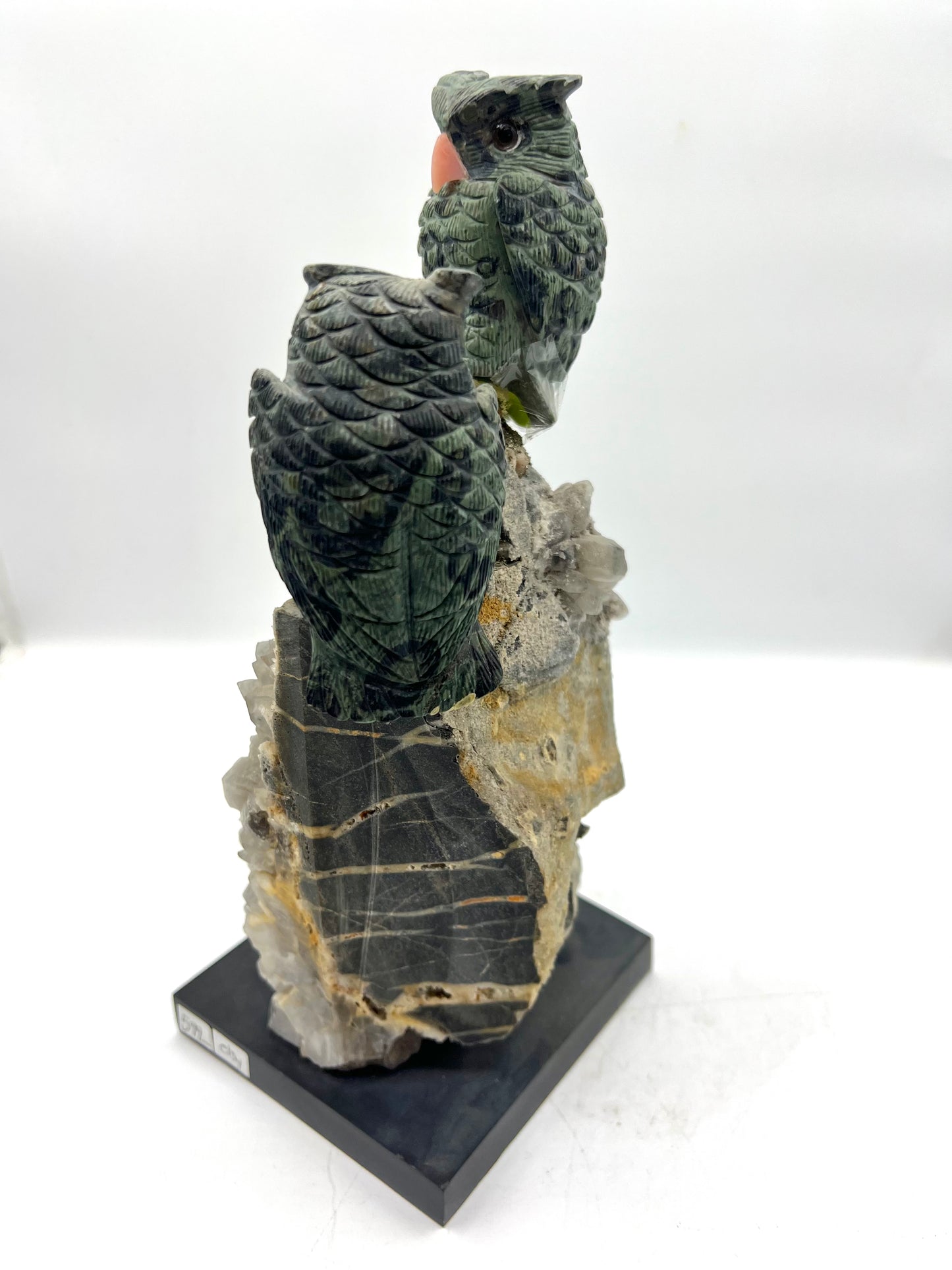 OWL Birds Serpentine Clear Quarts and Pyrite Crystals Hand Crafted Figurine Table top Gift Healing Cruystals