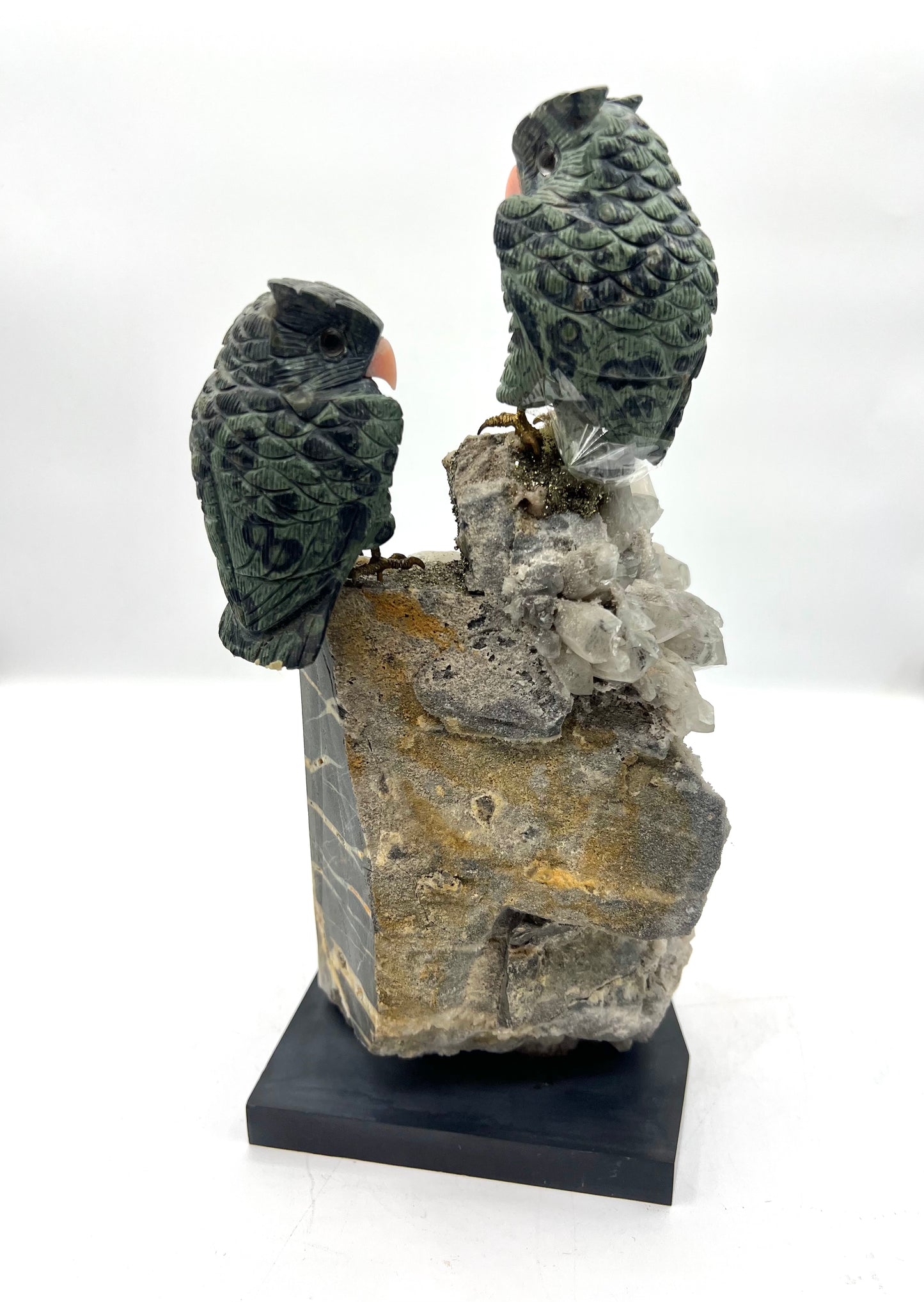 OWL Birds Serpentine Clear Quarts and Pyrite Crystals Hand Crafted Figurine Table top Gift Healing Cruystals