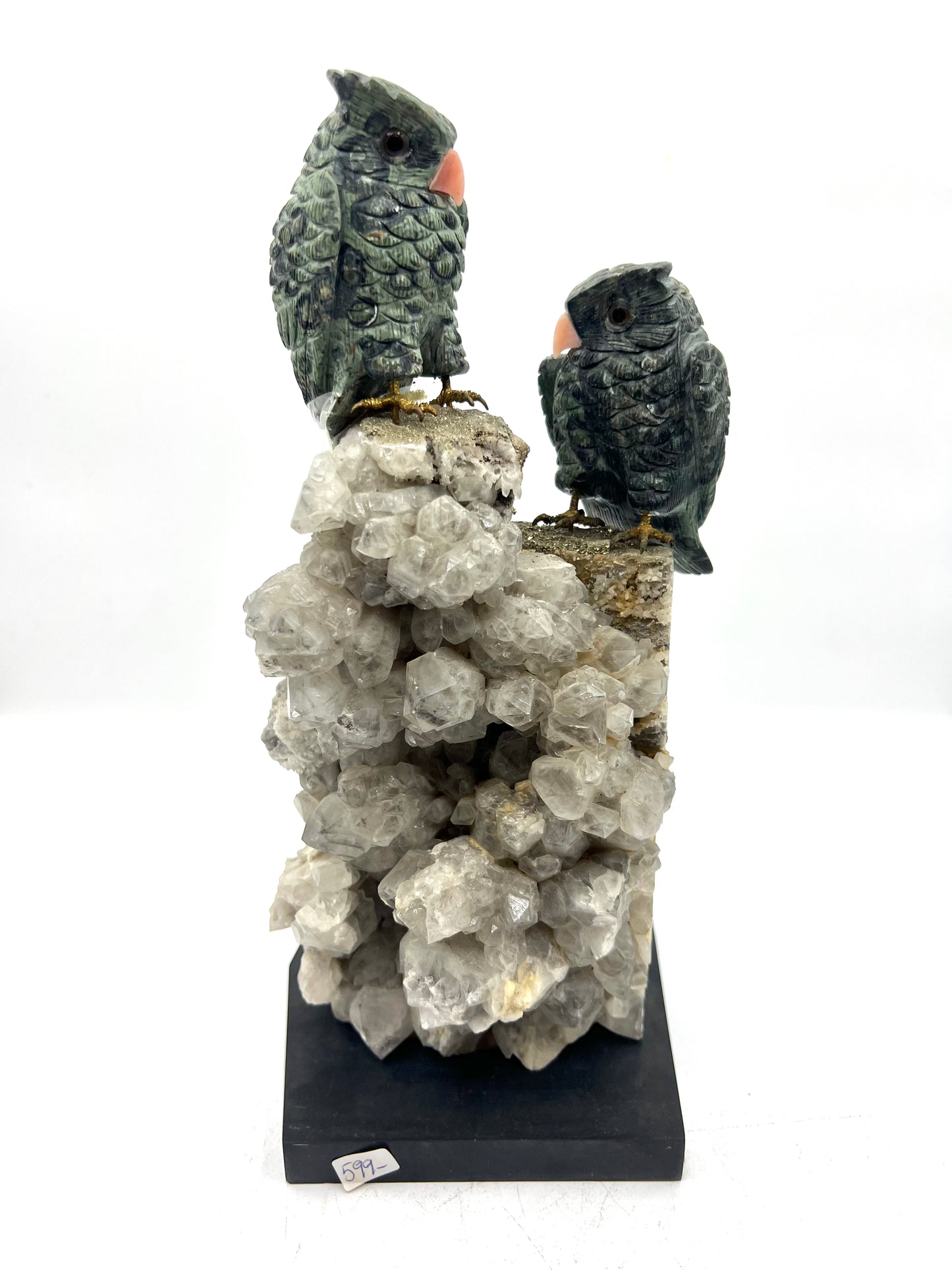OWL Birds Serpentine Clear Quarts and Pyrite Crystals Hand Crafted Figurine Table top Gift Healing Cruystals
