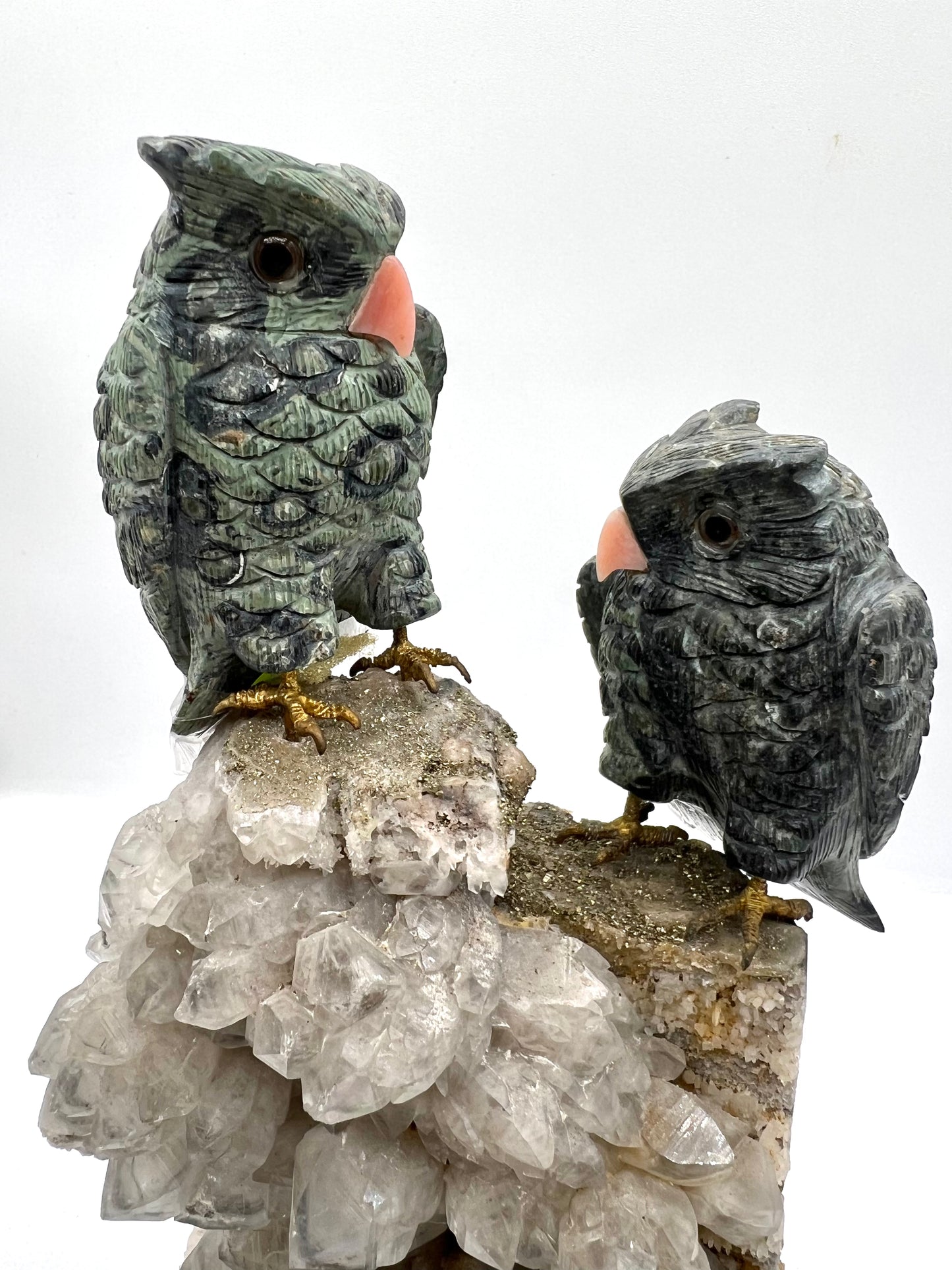 OWL Birds Serpentine Clear Quarts and Pyrite Crystals Hand Crafted Figurine Table top Gift Healing Cruystals
