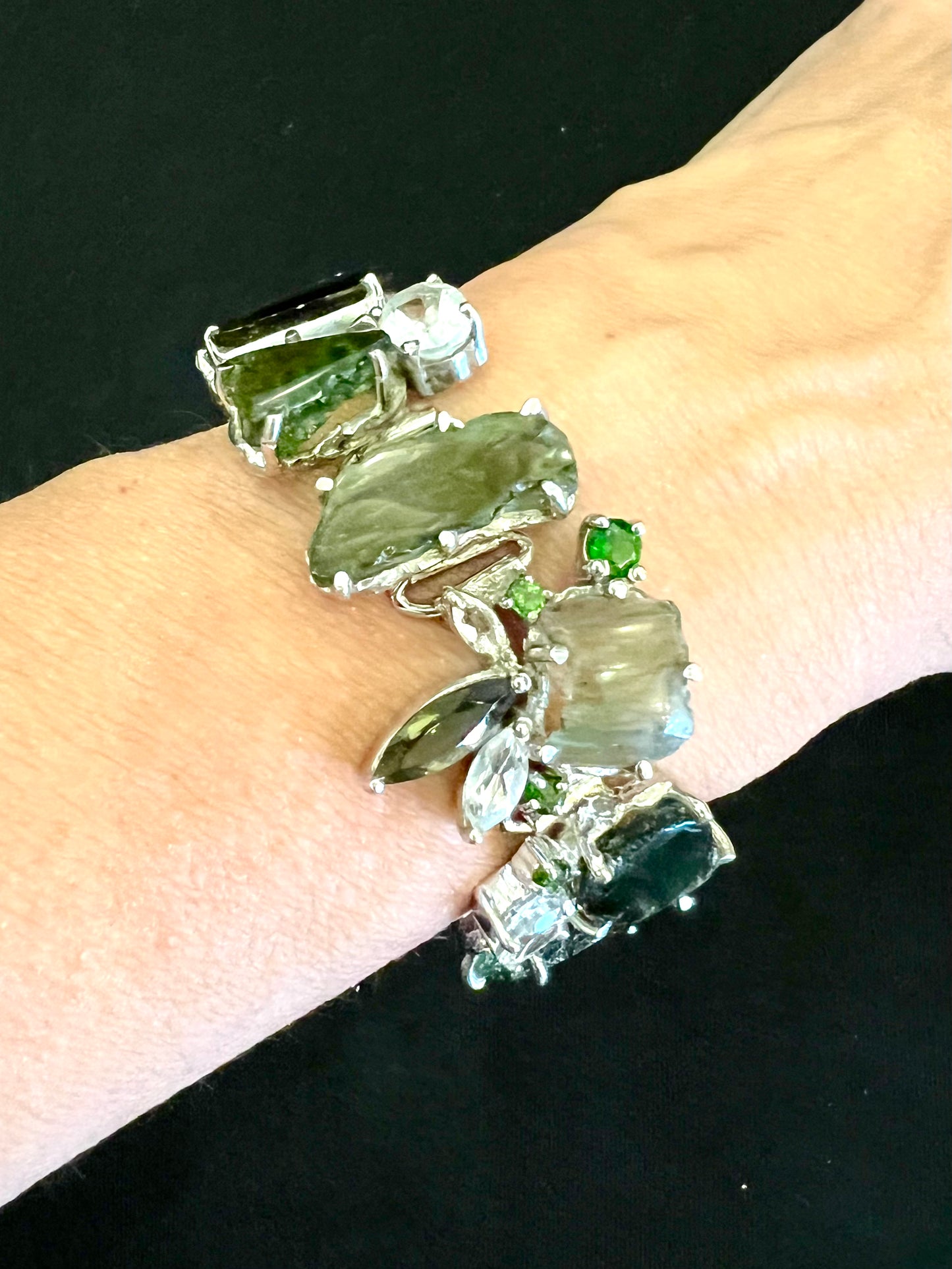 Moldavite Crystal Bracelet 925 silver One of a Kind Statement Jewelery