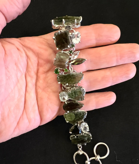 Moldavite Crystal Bracelet 925 silver One of a Kind Statement Jewelery