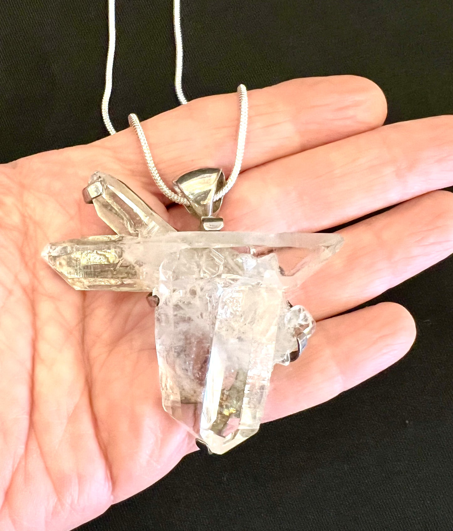 Large Clear Quartz Pendant Cluster Raw crystal Healing necklace Silver