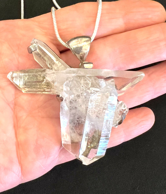 Large Clear Quartz Pendant Cluster Raw crystal Healing necklace Silver