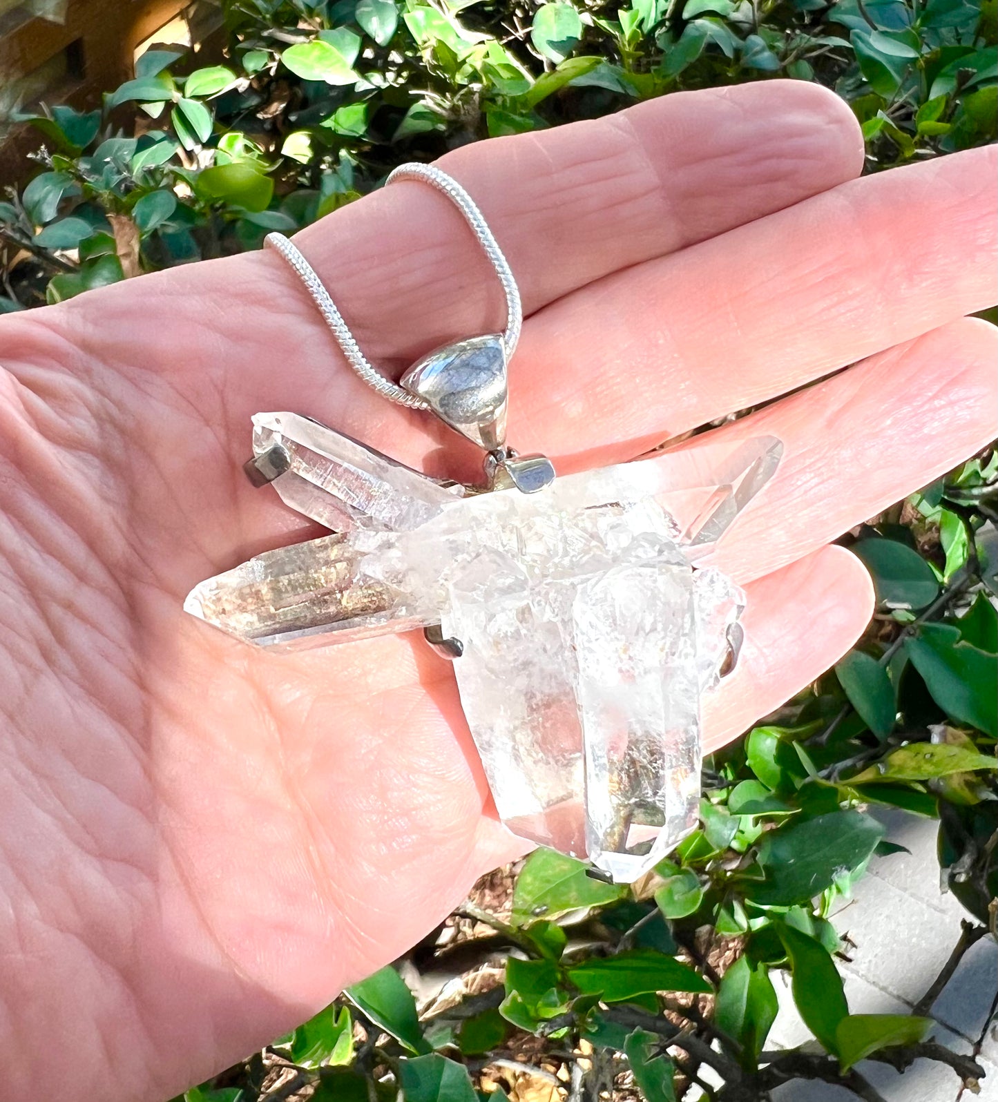 Large Clear Quartz Pendant Cluster Raw crystal Healing necklace Silver