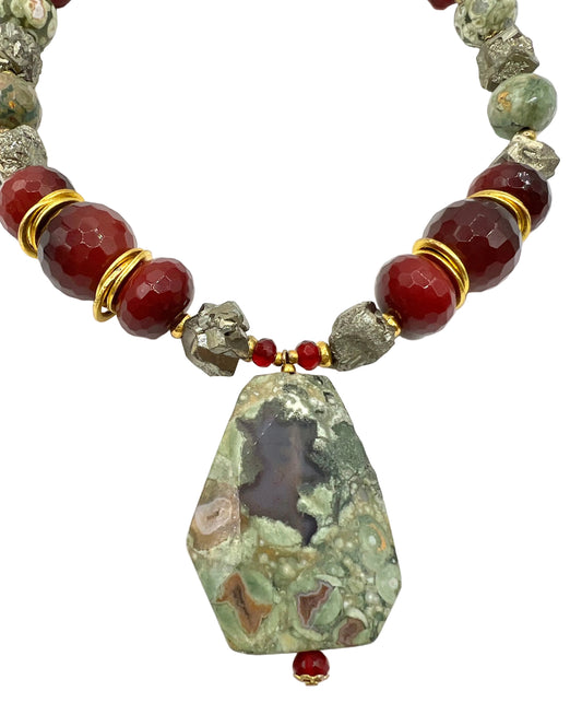 Large Healing Crystal Necklace Ruby, Pyrite, Rainforest Rhyolite Statement Bib Vintage Necklace