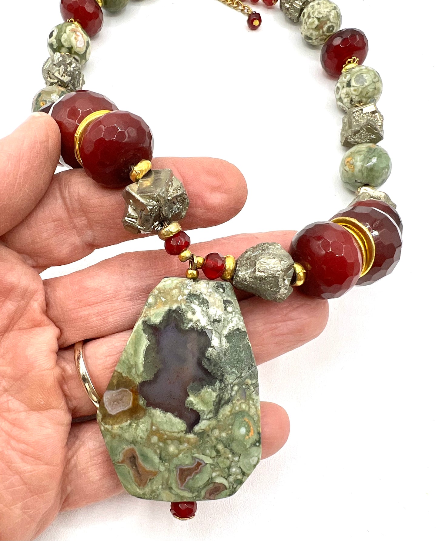 Large Healing Crystal Necklace Ruby, Pyrite, Rainforest Rhyolite Statement Bib Vintage Necklace