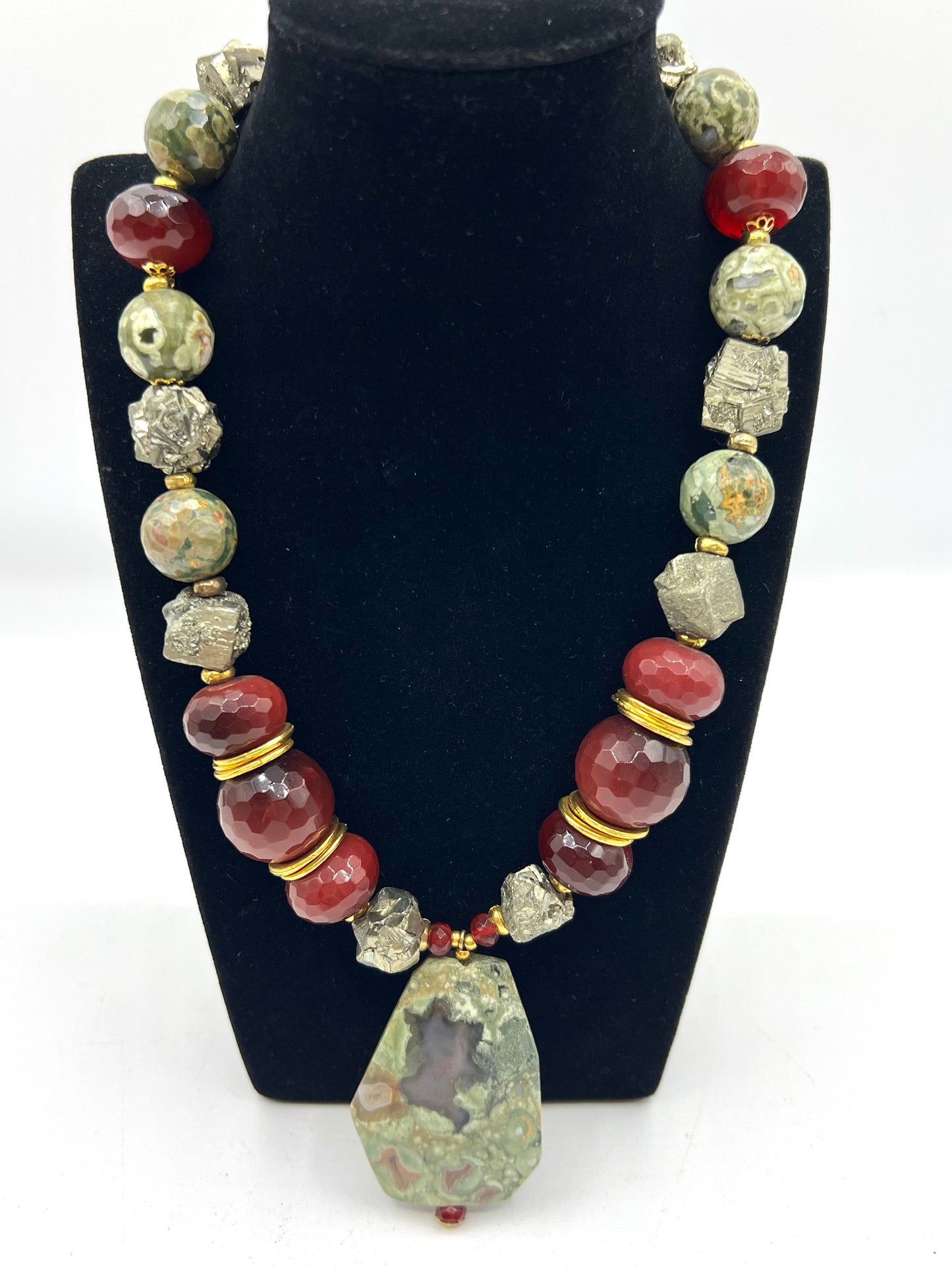 Large Healing Crystal Necklace Ruby, Pyrite, Rainforest Rhyolite Statement Bib Vintage Necklace
