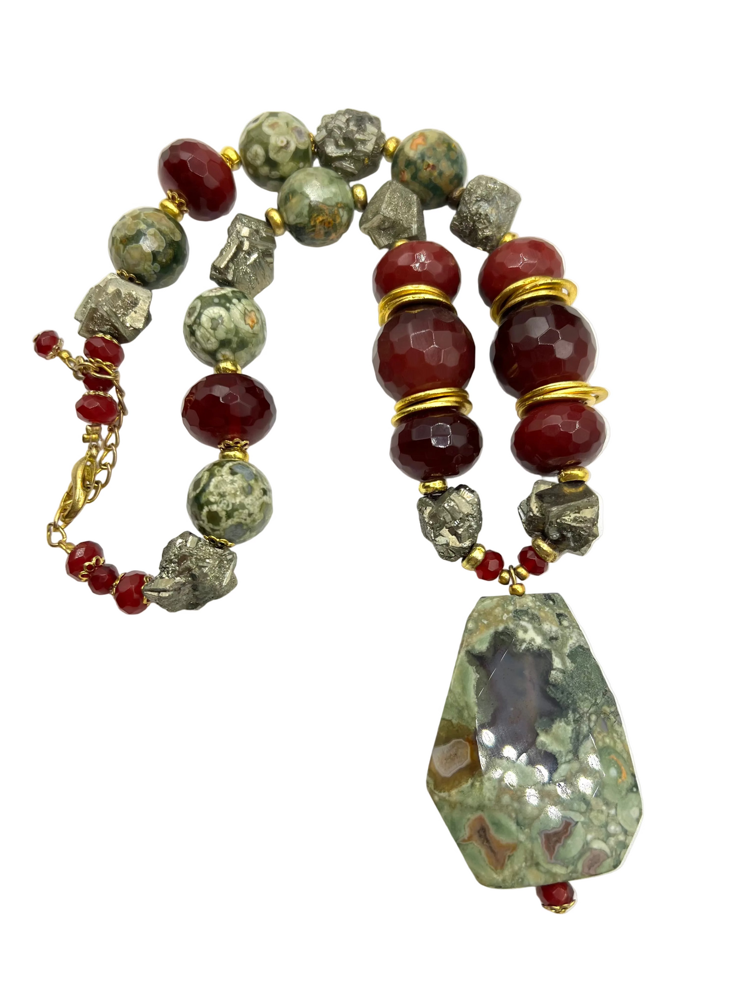 Large Healing Crystal Necklace Ruby, Pyrite, Rainforest Rhyolite Statement Bib Vintage Necklace