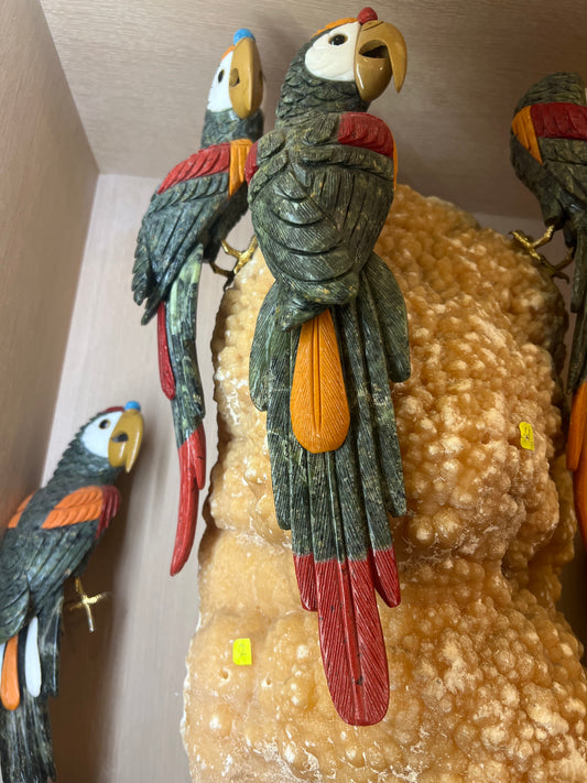 Macaw Parrots Carved From Semi precious gemstones on calcite Crystal cluster 24" by 13"