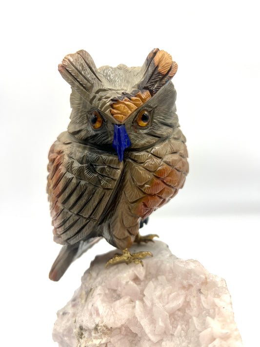 Hand-Carved Gemstone Owl on Natural Crystal Matrix – Wisdom & Protection Spirit Animal Sculpture  9" by 7"