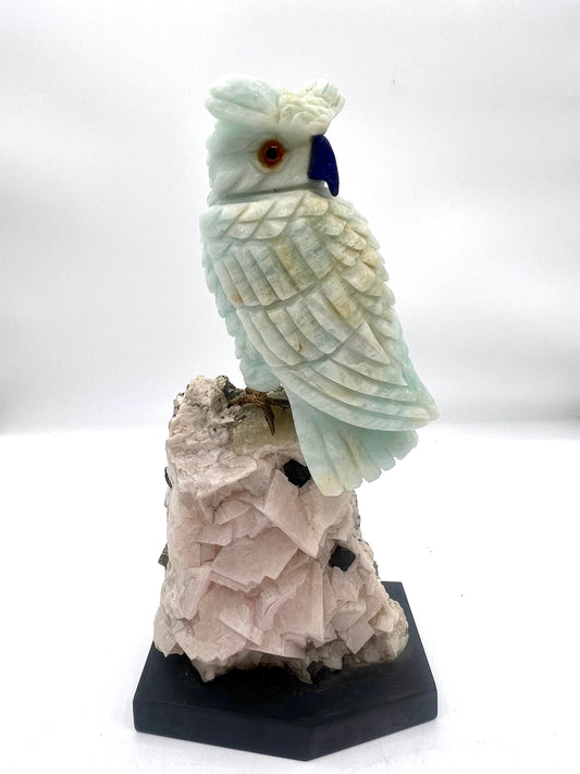 Hand-Carved Pale Green Gemstone Owl on Natural Crystal Matrix – Wisdom, Intuition &amp; Protection Sculpture 9" by 5"