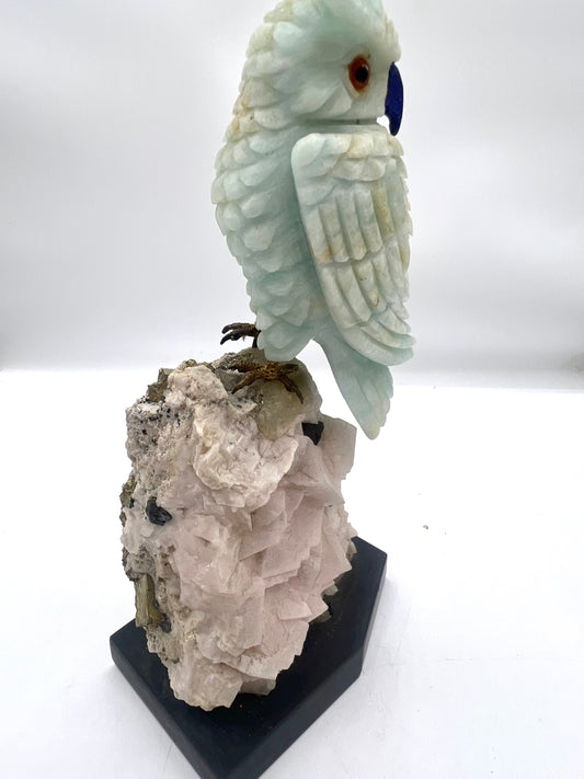 Hand-Carved Pale Green Gemstone Owl on Natural Crystal Matrix – Wisdom, Intuition &amp; Protection Sculpture 9" by 5"