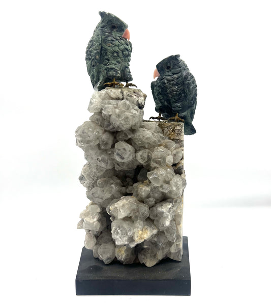 Hand-Carved Parrot Crystal Sculpture on Natural Quartz Cluster | Love Birds Stone Art | Healing Crystal Home Décor