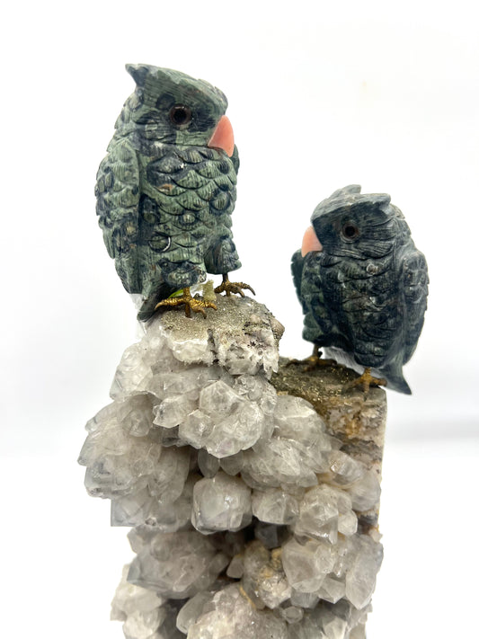 Hand-Carved Parrot Crystal Sculpture on Natural Quartz Cluster | Love Birds Stone Art | Healing Crystal Home Décor