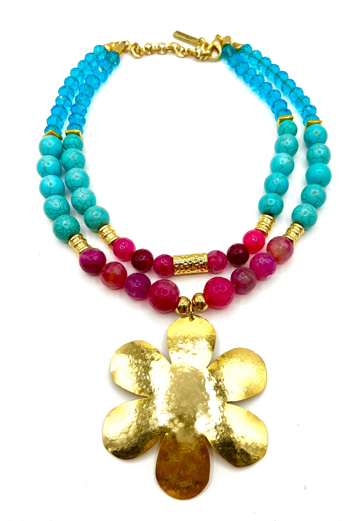 Large Agate Turquoise Crystal Necklace Statement Bib Jewelry Pink Blue With Large Gold Flower