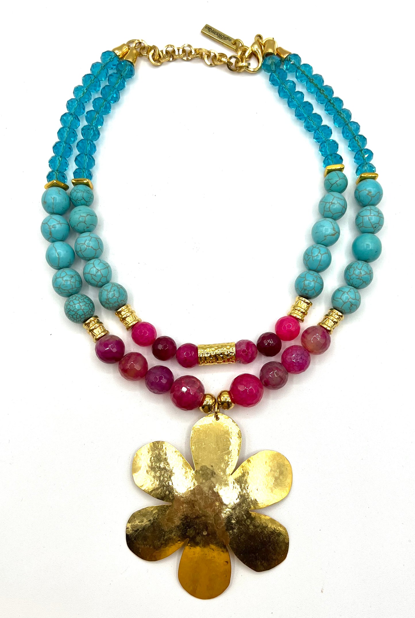 Large Agate Turquoise Crystal Necklace Statement Bib Jewelry Pink Blue With Large Gold Flower