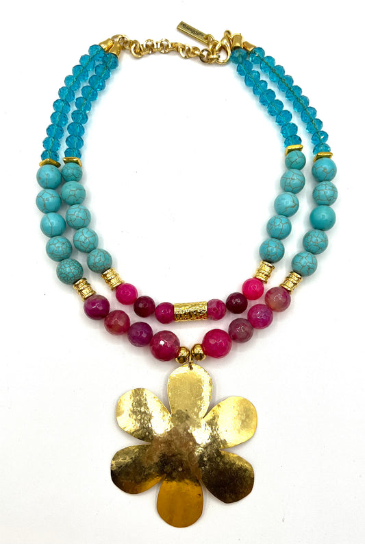 Large Agate Turquoise Crystal Necklace Statement Bib Jewelry Pink Blue With Large Gold Flower