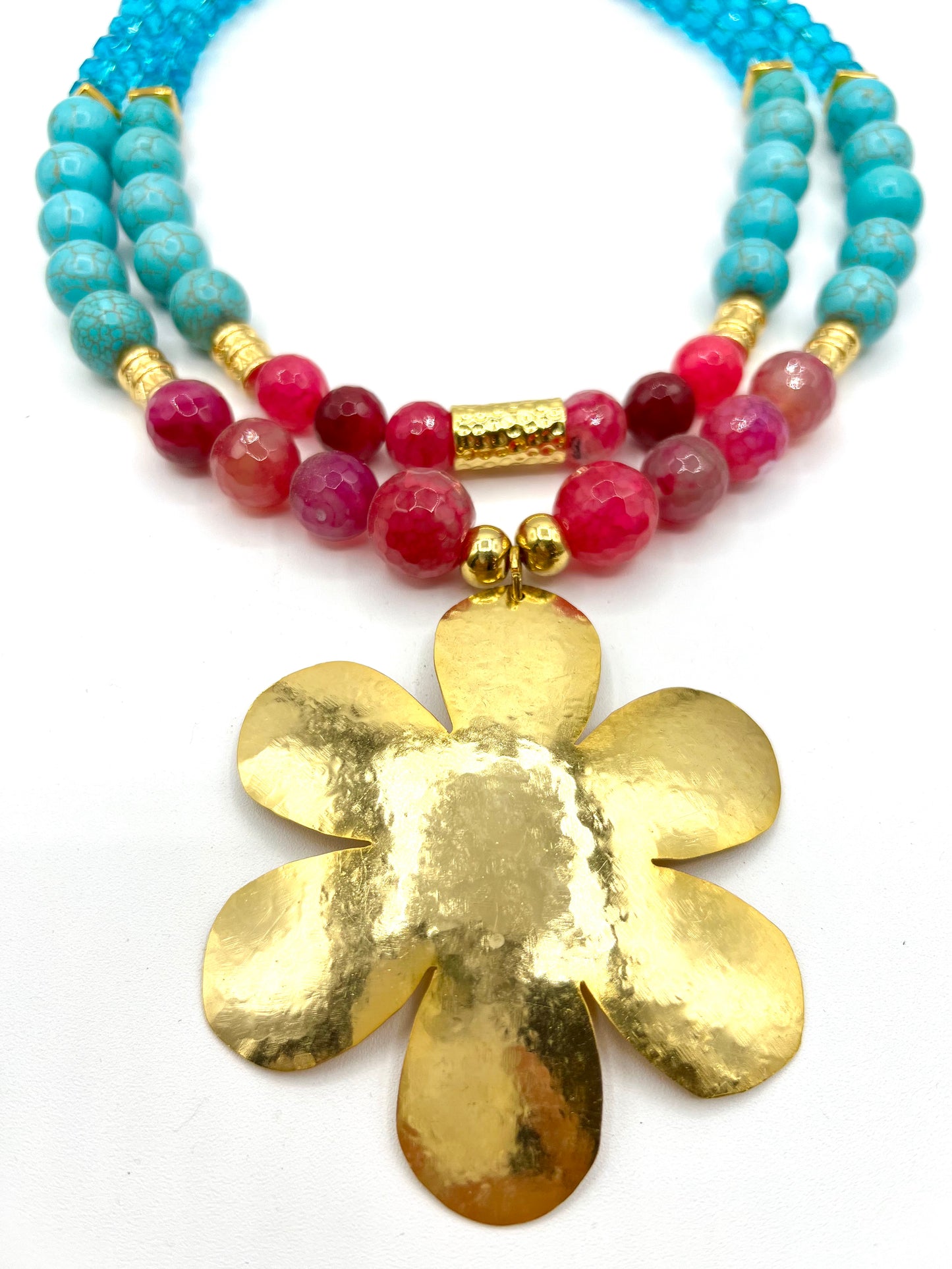 Large Agate Turquoise Crystal Necklace Statement Bib Jewelry Pink Blue With Large Gold Flower