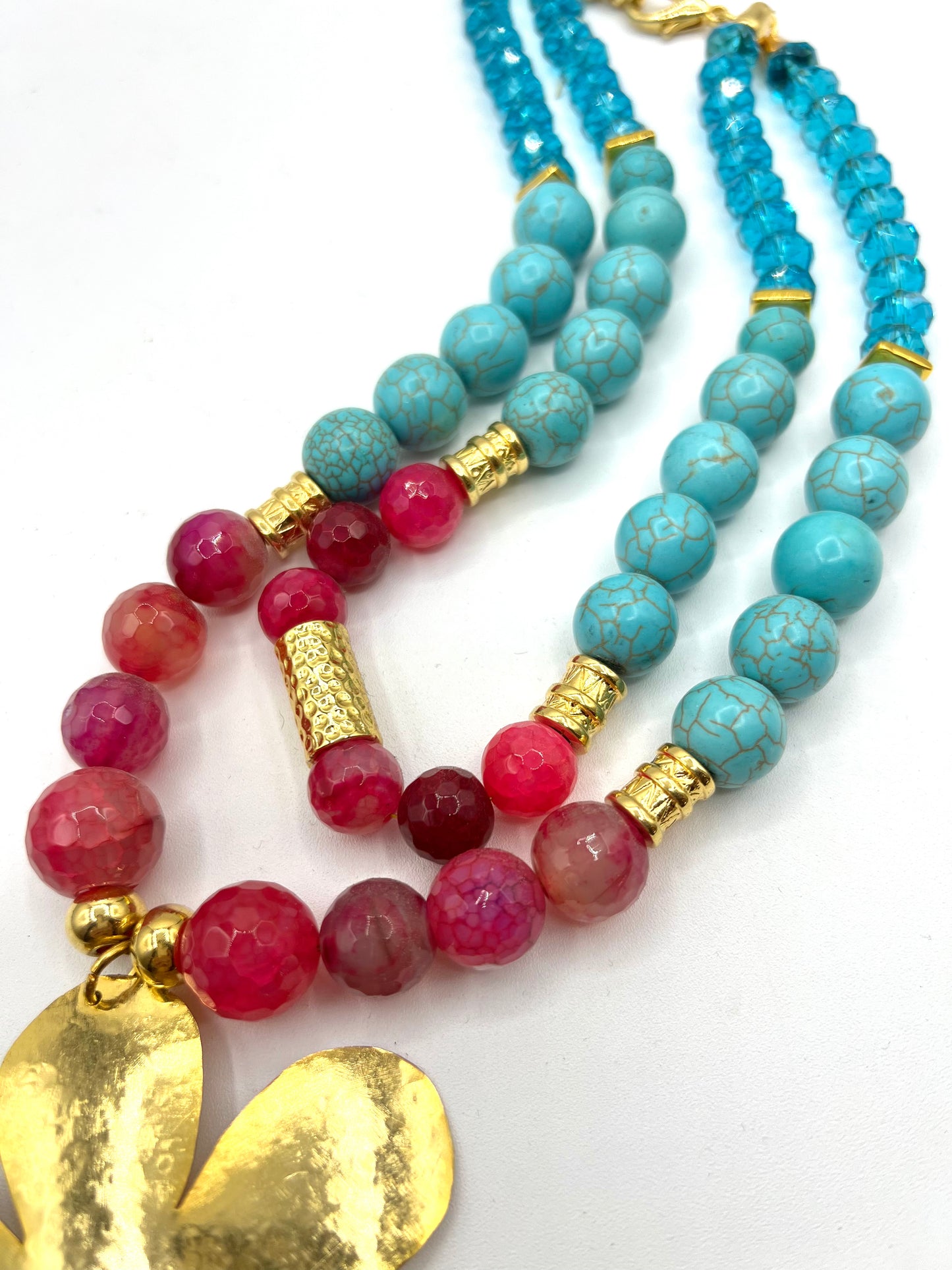 Large Agate Turquoise Crystal Necklace Statement Bib Jewelry Pink Blue With Large Gold Flower