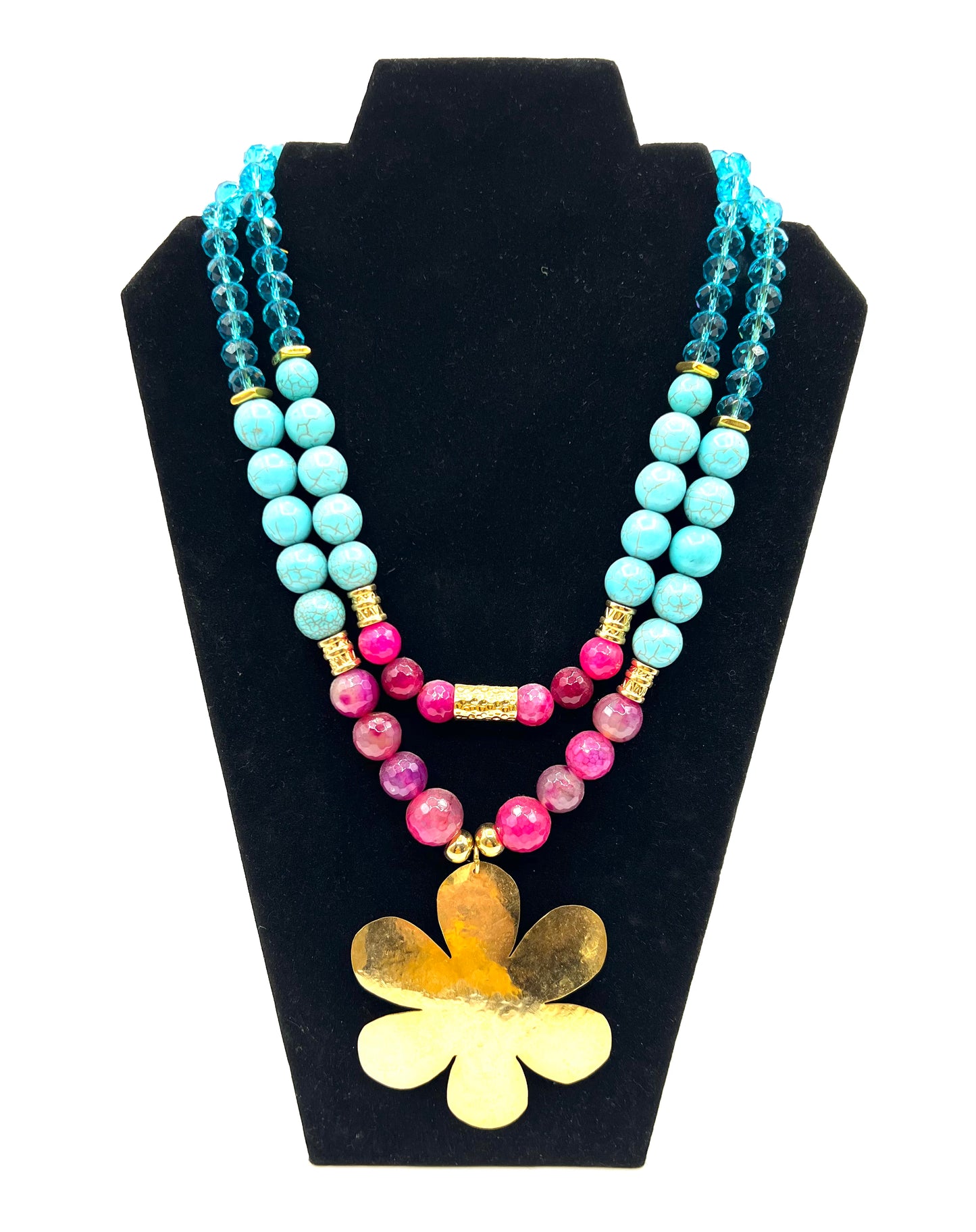 Large Agate Turquoise Crystal Necklace Statement Bib Jewelry Pink Blue With Large Gold Flower